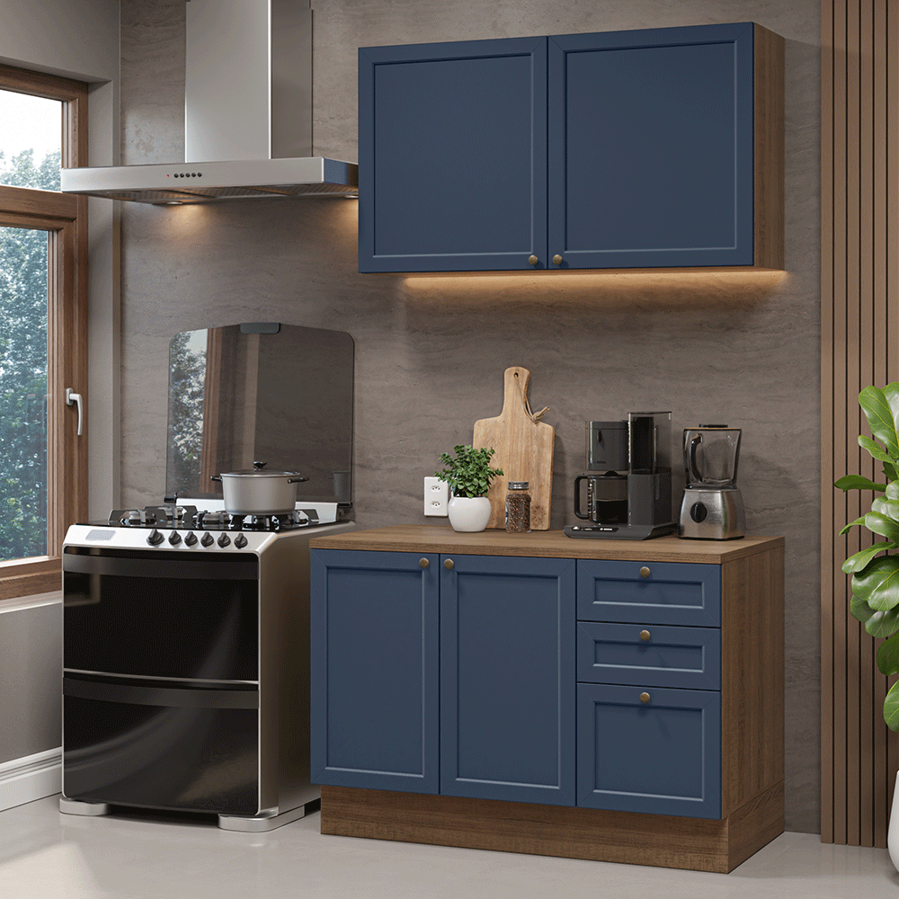Cocina Compacta 120 cm 4 Puertas 3 Cajones Marrón/Azul Vik Madesa