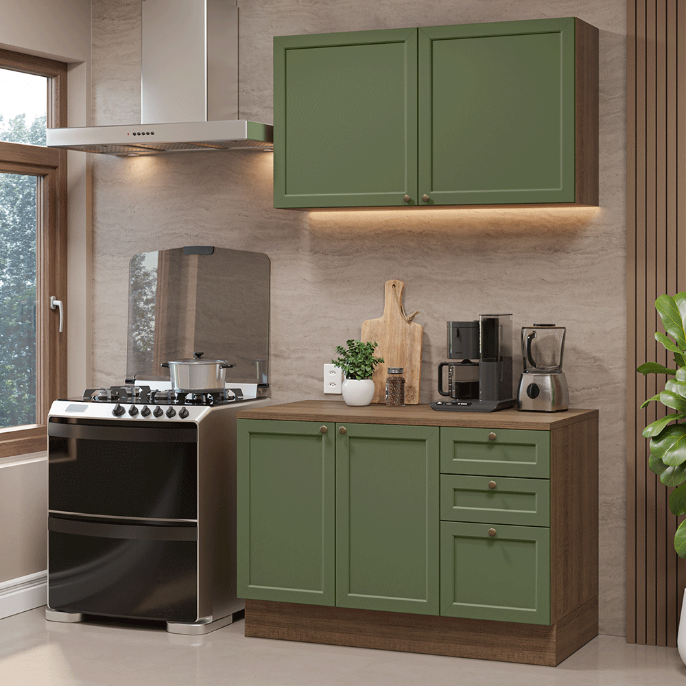 Cocina Compacta Vik 120 cm 4 Puertas 3 Cajones (Con Mesada) Marrón/Verde Madesa