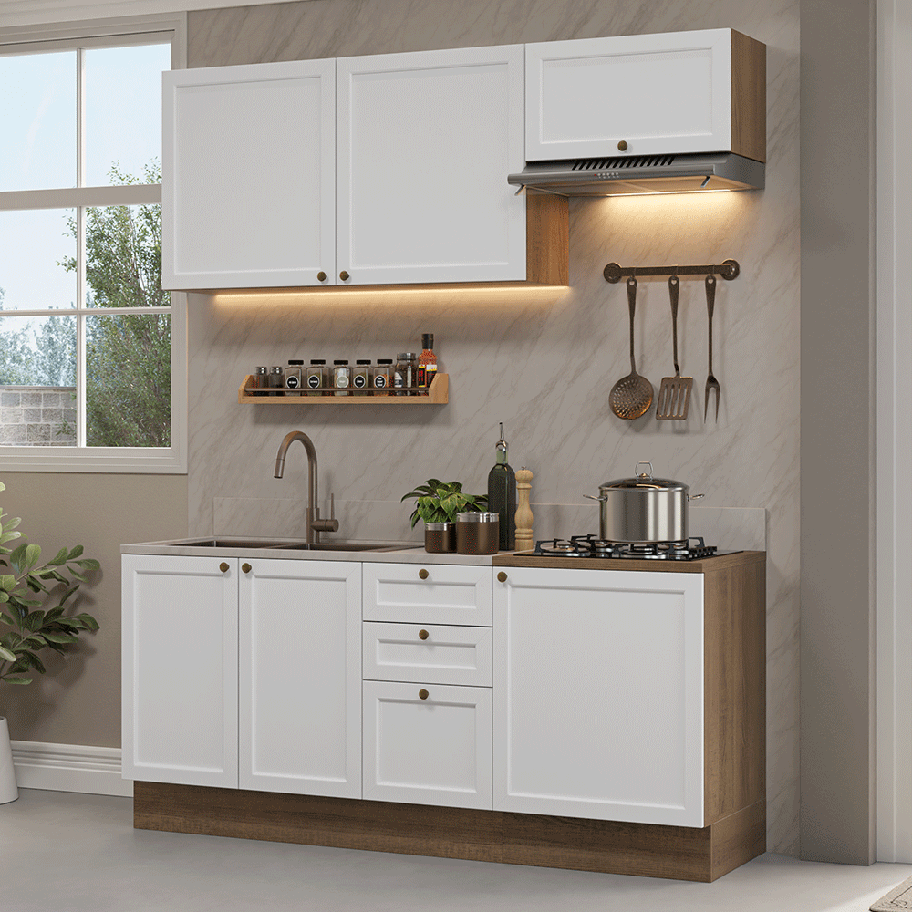 Cocina Compacta 180 cm 6 Puertas 3 Cajones Sin Mesada Marrón/Blanco Vik Madesa