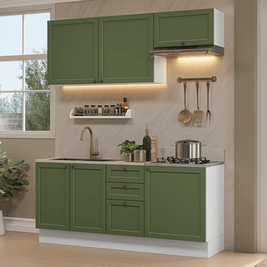 Cocina Compacta 180 cm 6 Puertas 3 Cajones Sin Mesada Blanco/Verde Vik Madesa