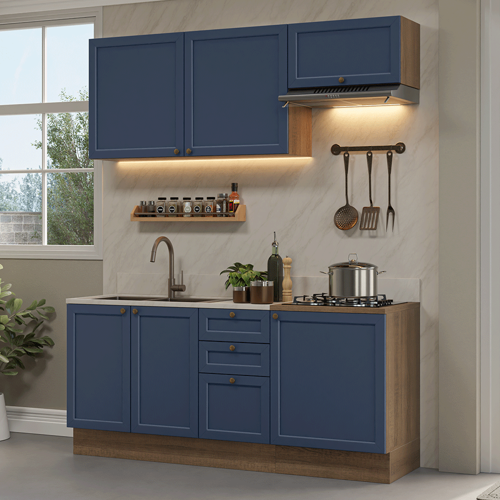 Cocina Compacta 180 cm 6 Puertas 3 Cajones Sin Mesada Marrón/Azul Vik Madesa