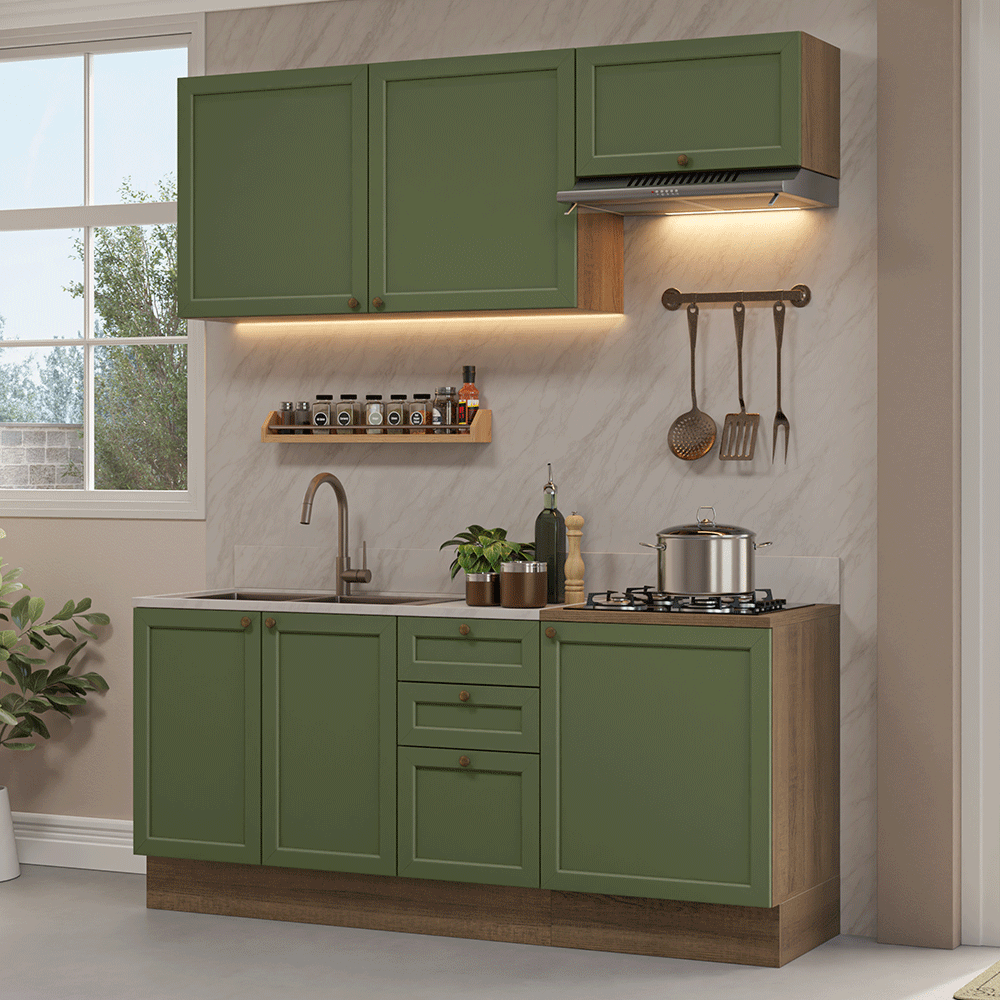 Cocina Compacta 180 cm 6 Puertas 3 Cajones Sin Mesada Marrón/Verde Vik Madesa