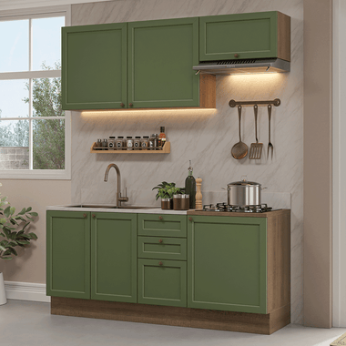 Cocina Compacta 180 cm 6 Puertas 3 Cajones Sin Mesada Marrón/Verde Vik Madesa