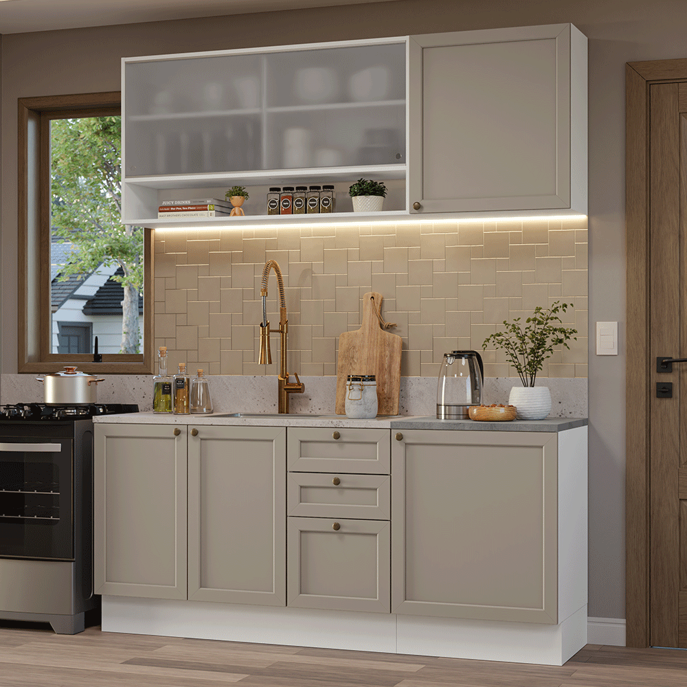 Cocina Compacta 180 cm 6 Puertas 3 Cajones Sin Mesada Blanco/Crema Vik Madesa 03