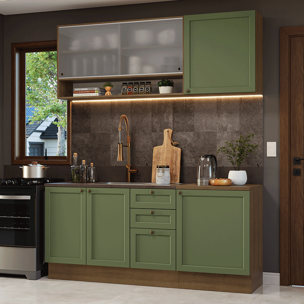 Cocina Compacta 180 cm 6 Puertas 3 Cajones Sin Mesada Marrón/Verde Vik Madesa 03