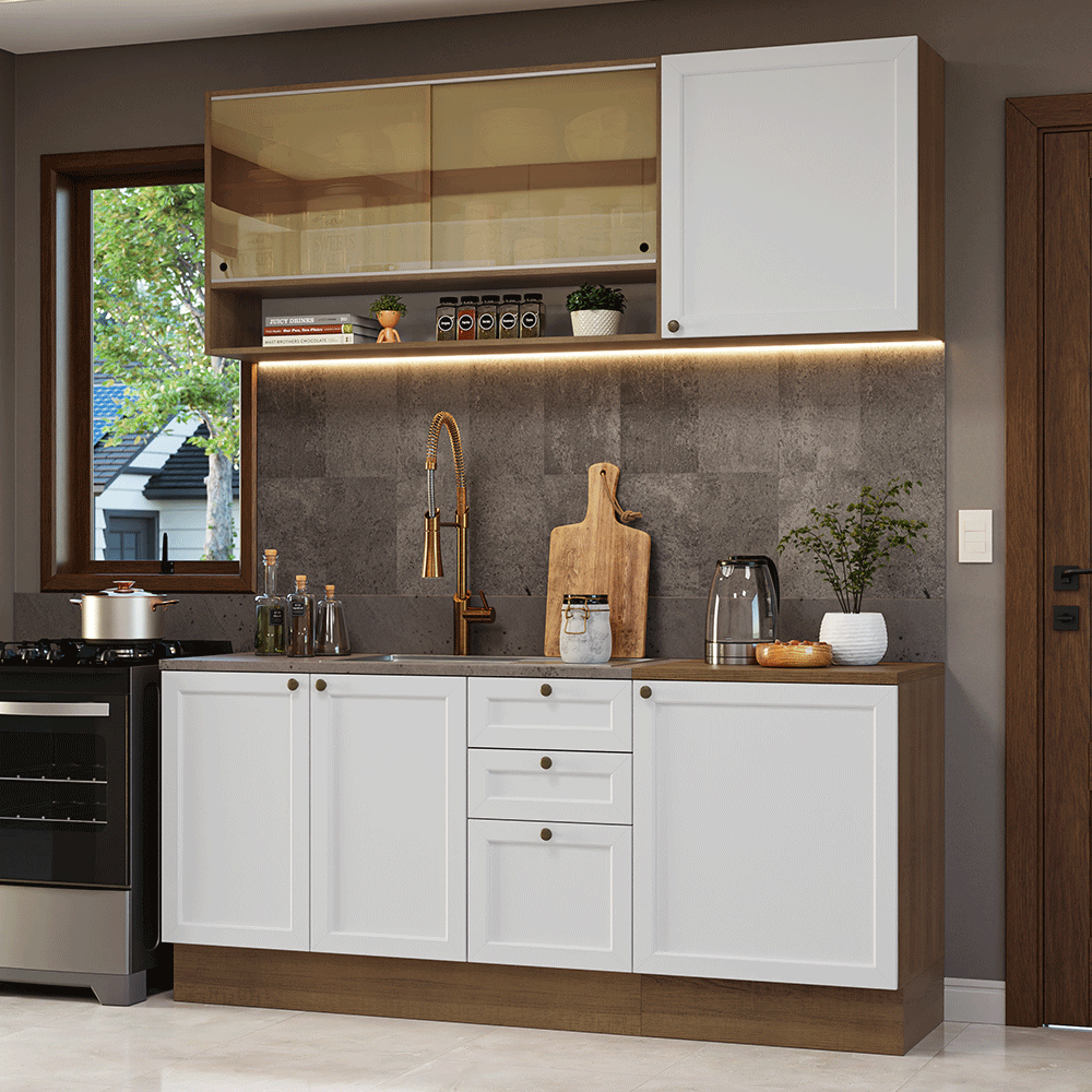 Cocina Compacta 180 cm 6 Puertas 3 Cajones Sin Mesada Marrón/Blanco Vik Madesa 04