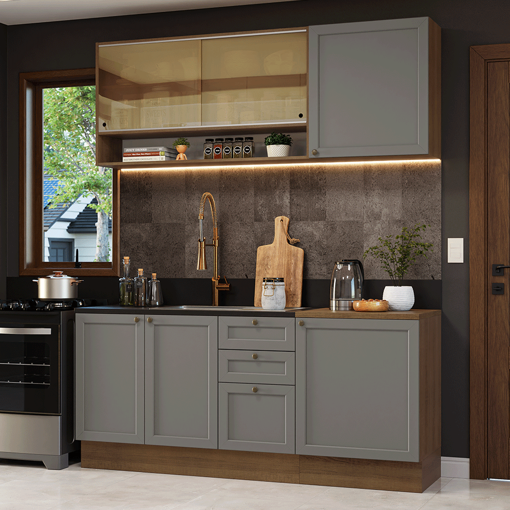 Cocina Compacta 180 cm 6 Puertas 3 Cajones Sin Mesada Marrón/Gris Vik Madesa 04