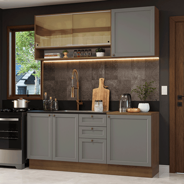 Cocina Compacta 180 cm 6 Puertas 3 Cajones Sin Mesada Marrón/Gris Vik Madesa
