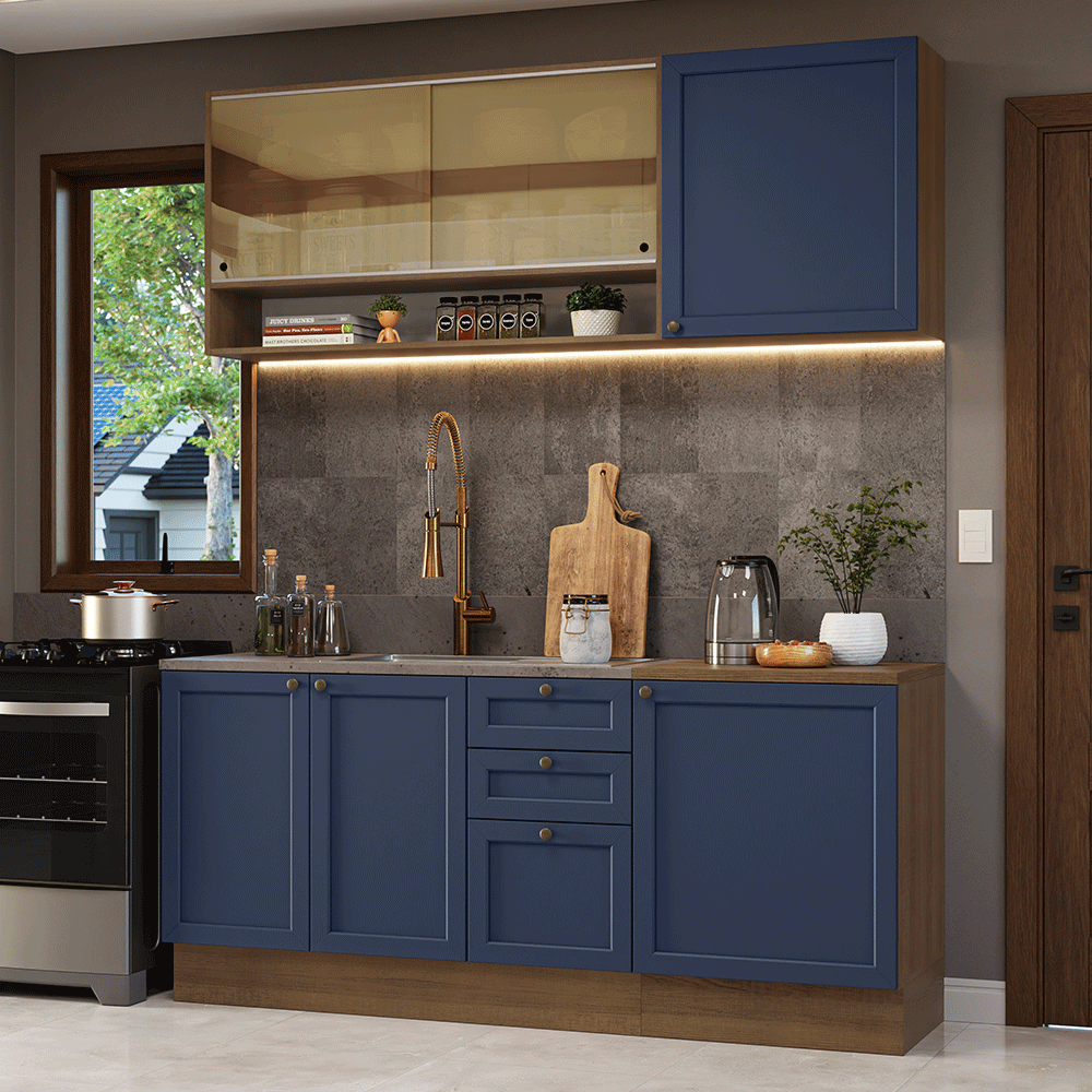 Cocina Compacta 180 cm 6 Puertas 3 Cajones Sin Mesada Marrón/Azul Vik Madesa