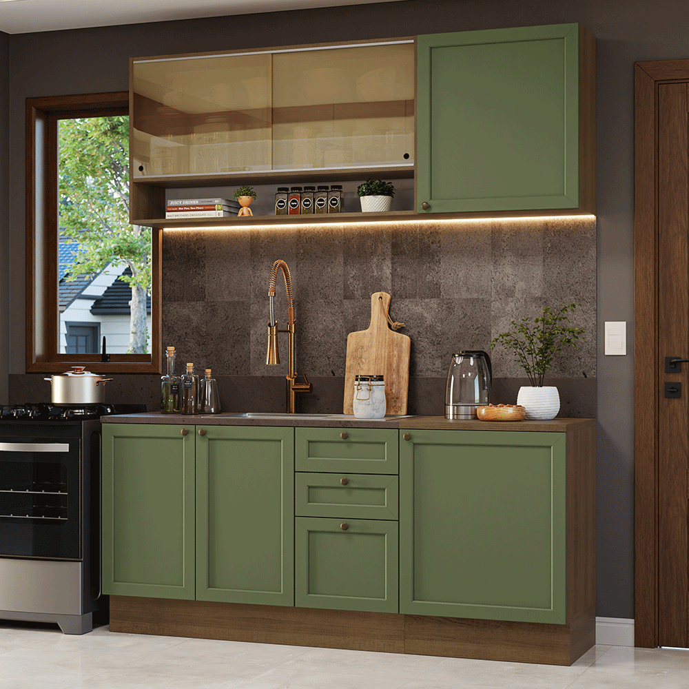 Cocina Compacta 180 cm 6 Puertas 3 Cajones Sin Mesada Marrón/Verde Vik Madesa 04
