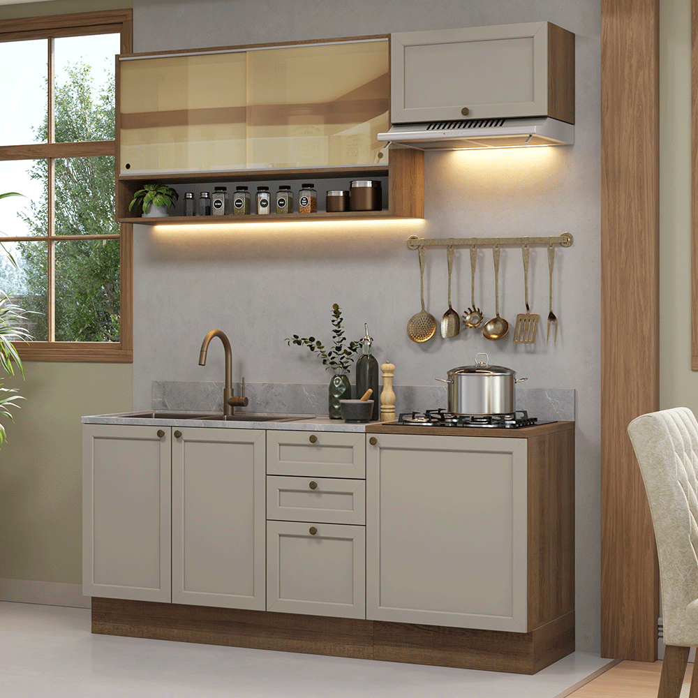 Cocina Compacta 180 cm 6 Puertas 3 Cajones Sin Mesada Marrón/Crema Vik Madesa 05