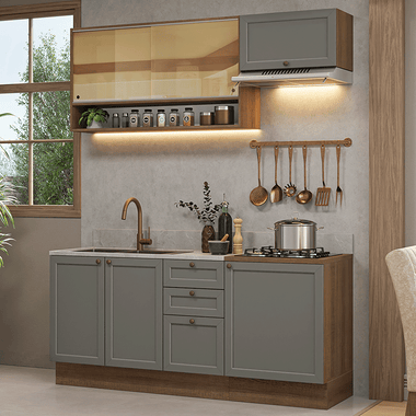 Cocina Compacta 180 cm 6 Puertas 3 Cajones Sin Mesada Marrón/Gris Vik Madesa