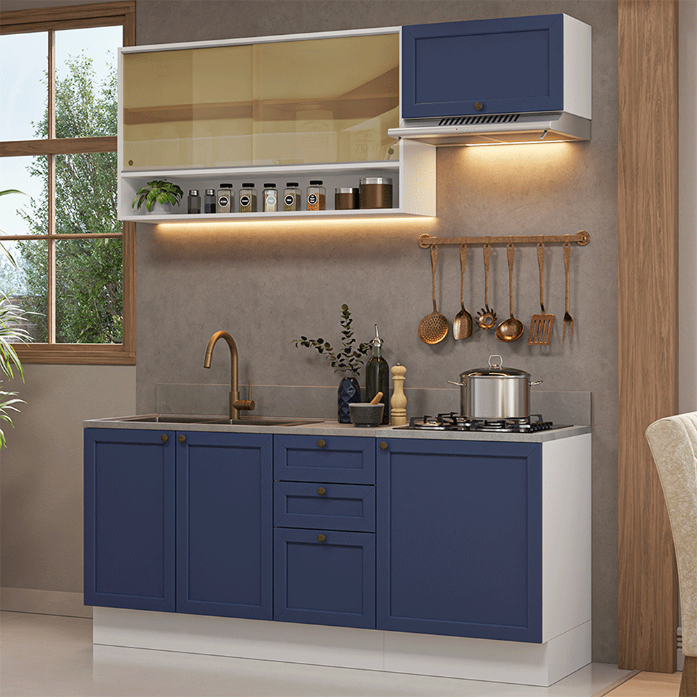 Cocina Compacta 180 cm 6 Puertas 3 Cajones Sin Mesada Blanco/Azul Vik Madesa 05
