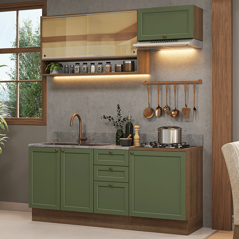 Cocina Compacta 180 cm 6 Puertas 3 Cajones Sin Mesada Marrón/Verde Vik Madesa 05