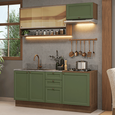 Cocina Compacta 180 cm 6 Puertas 3 Cajones Sin Mesada Marrón/Verde Vik Madesa