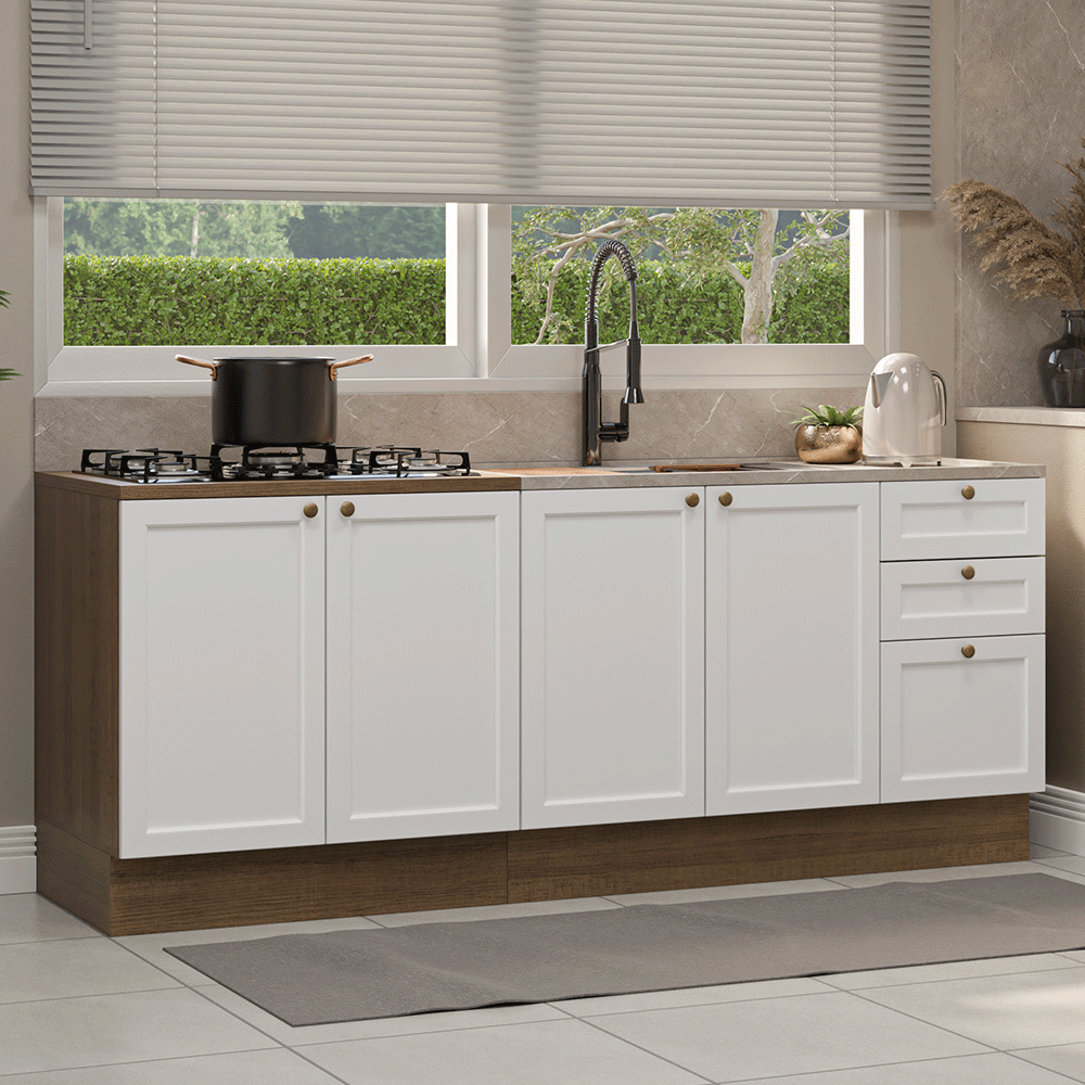 Cocina Compacta 200 cm 4 Puertas 3 Cajones Sin Mesada Marrón/Blanco Vik Madesa