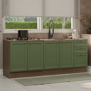 Cocina Compacta 200 cm 4 Puertas 3 Cajones Sin Mesada Marrón/Verde Vik Madesa