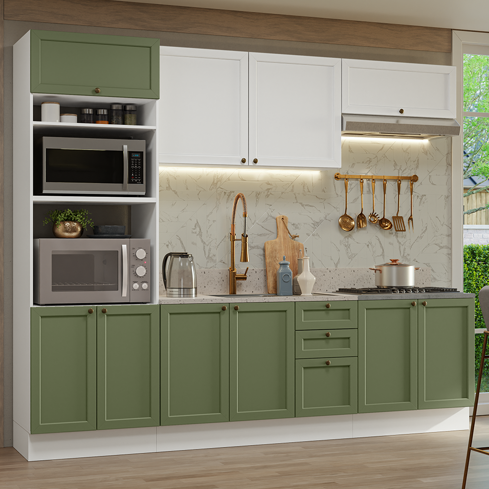 Combo completo de Cocina Vik 270 cm 10 Puertas 3 Cajones (Sin Mesada) Blanco/Verde 01 Madesa