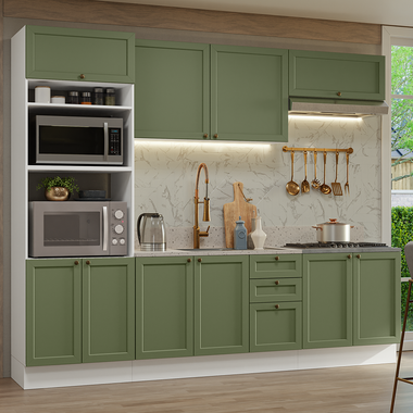 Combo completo de Cocina 270 cm 10 Puertas 3 Cajones Sin Mesada Blanco/Verde Vik Madesa