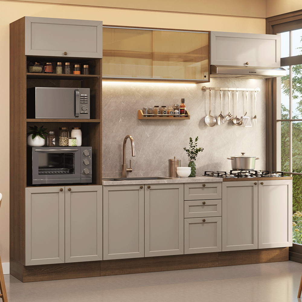 Combo completo de Cocina 270 cm 10 Puertas 3 Cajones Sin Mesada Marrón/Crema Vik Madesa 02
