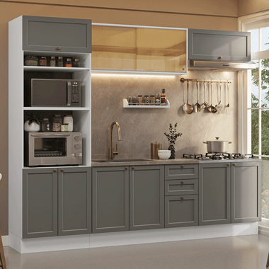 Combo completo de Cocina 270 cm 10 Puertas 3 Cajones Sin Mesada Blanco/Gris Vik Madesa