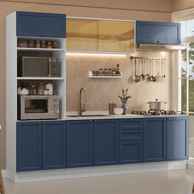 Combo completo de Cocina 270 cm 10 Puertas 3 Cajones Sin Mesada Blanco/Azul Vik Madesa