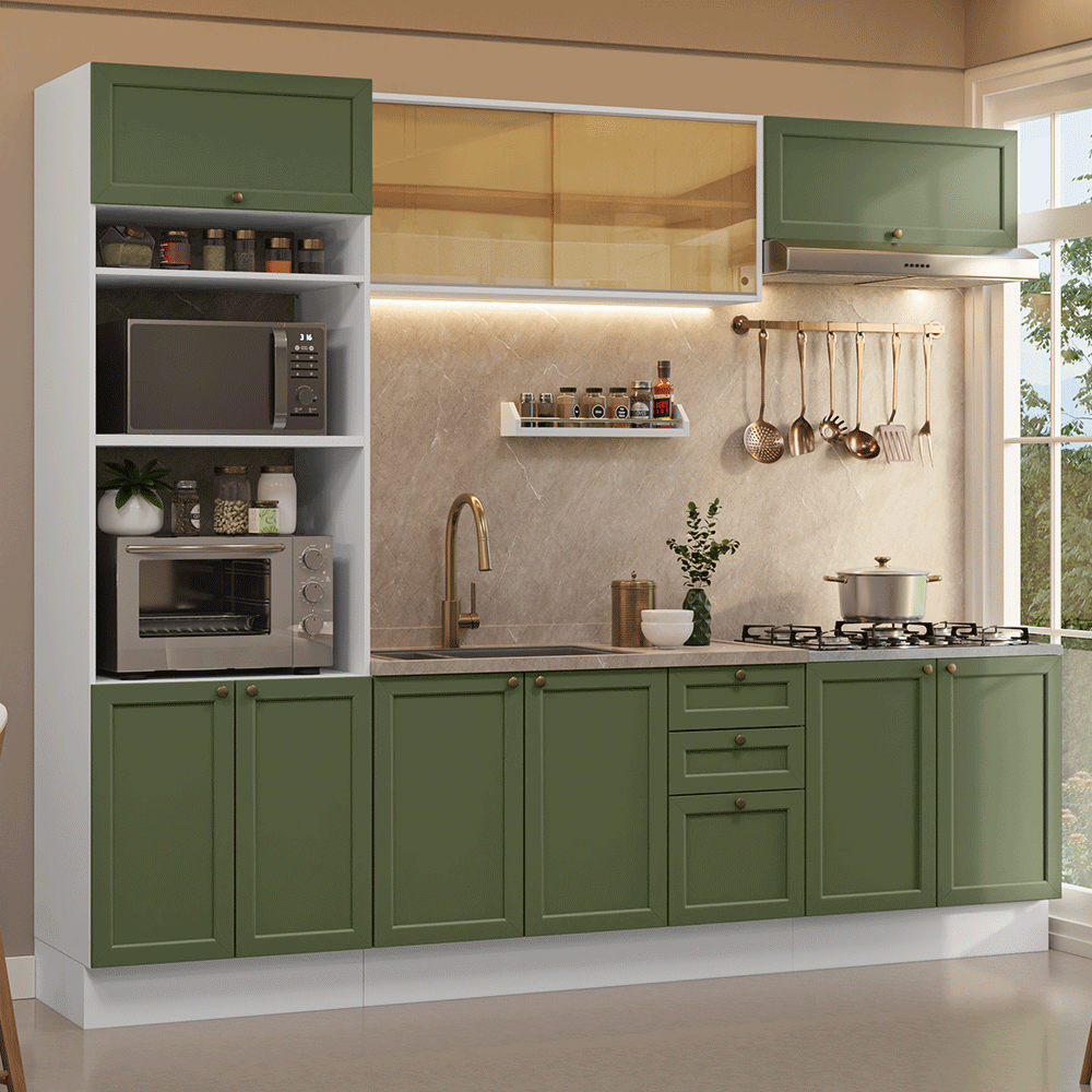 Combo completo de Cocina 270 cm 10 Puertas 3 Cajones Sin Mesada Blanco/Verde Vik Madesa 02