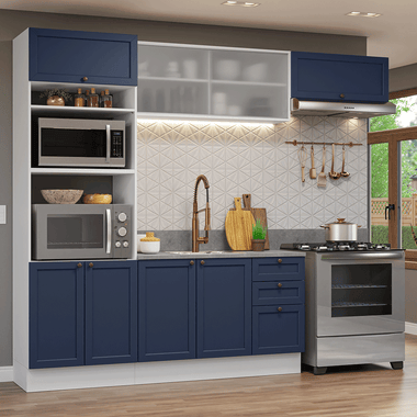 Combo completo de Cocina 270 cm 8 Puertas 3 Cajones Sin Mesada Blanco/Azul Vik Madesa