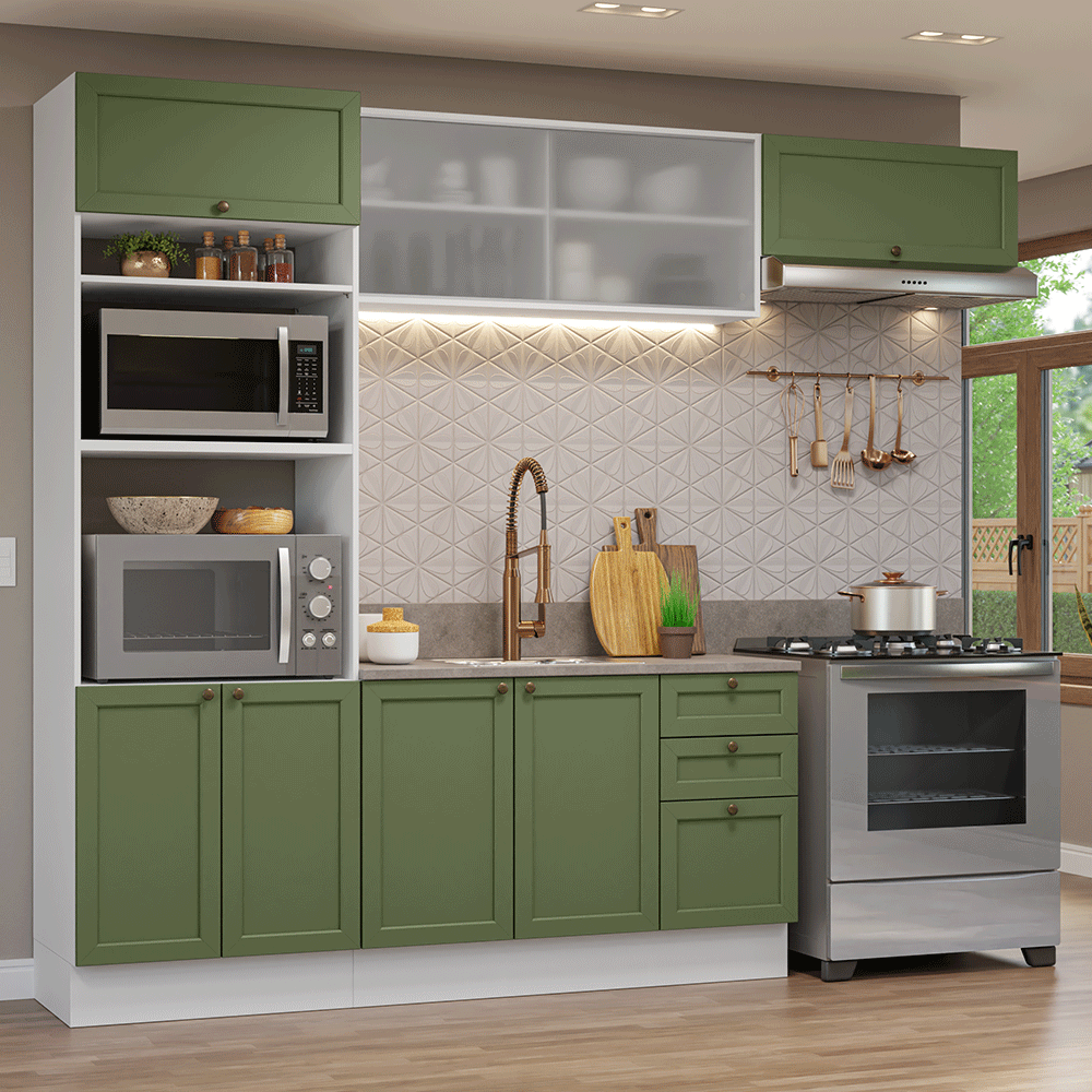 Combo completo de Cocina 270 cm 8 Puertas 3 Cajones Sin Mesada Blanco/Verde Vik Madesa 03