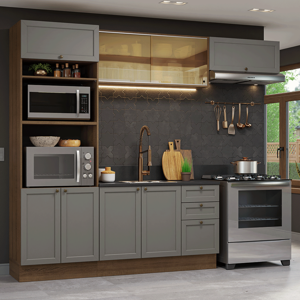 Combo completo de Cocina 270 cm 8 Puertas 3 Cajones Sin Mesada Marrón/Gris Vik Madesa 04
