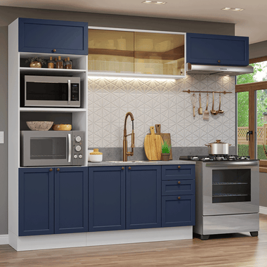 Combo completo de Cocina 270 cm 8 Puertas 3 Cajones Sin Mesada Blanco/Azul Vik Madesa