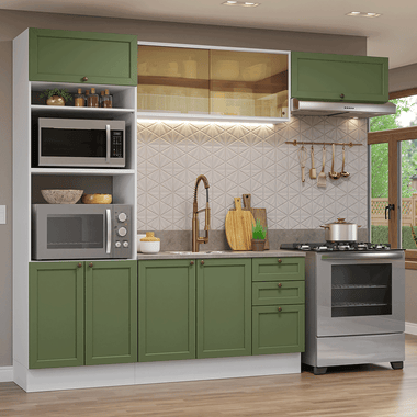 Combo completo de Cocina 270 cm 8 Puertas 3 Cajones Sin Mesada Blanco/Verde Vik Madesa