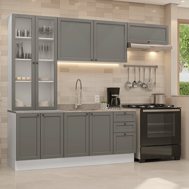Combo completo de Cocina 270 cm 9 Puertas 3 Cajones Sin Mesada Blanco/Gris Vik Madesa 05