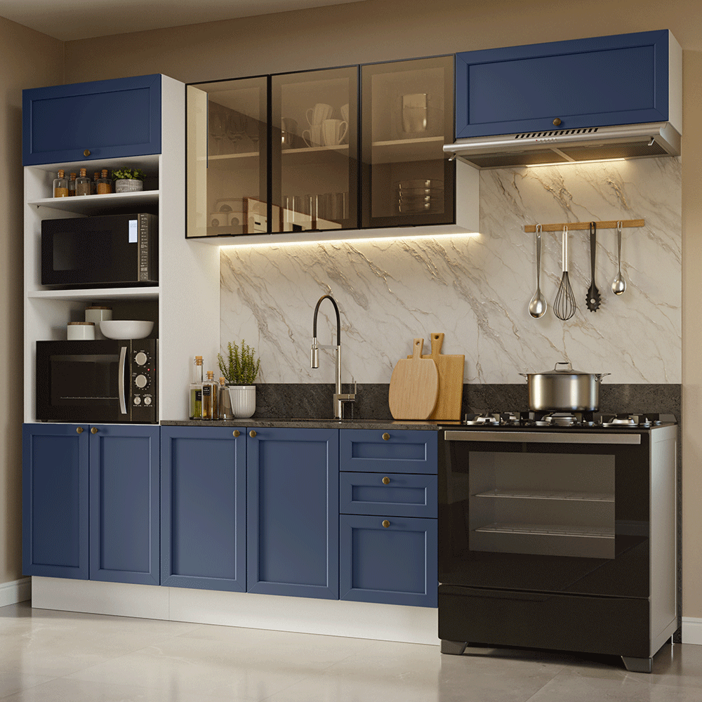 Combo completo de Cocina 270 cm Blanco/Azul Vik Madesa