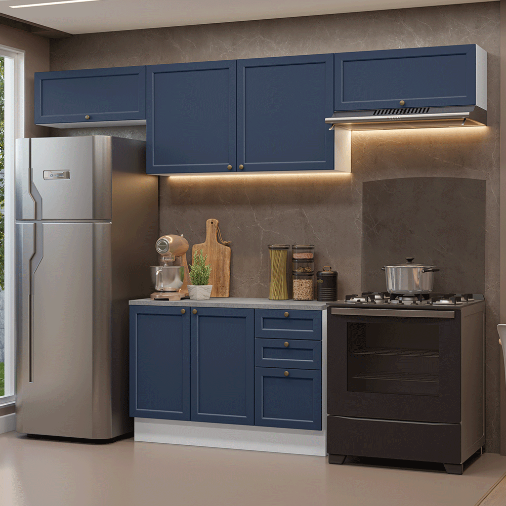 Combo completo de Cocina 280 cm 6 Puertas 3 Cajones Sin Mesada Blanco/Azul Vik Madesa