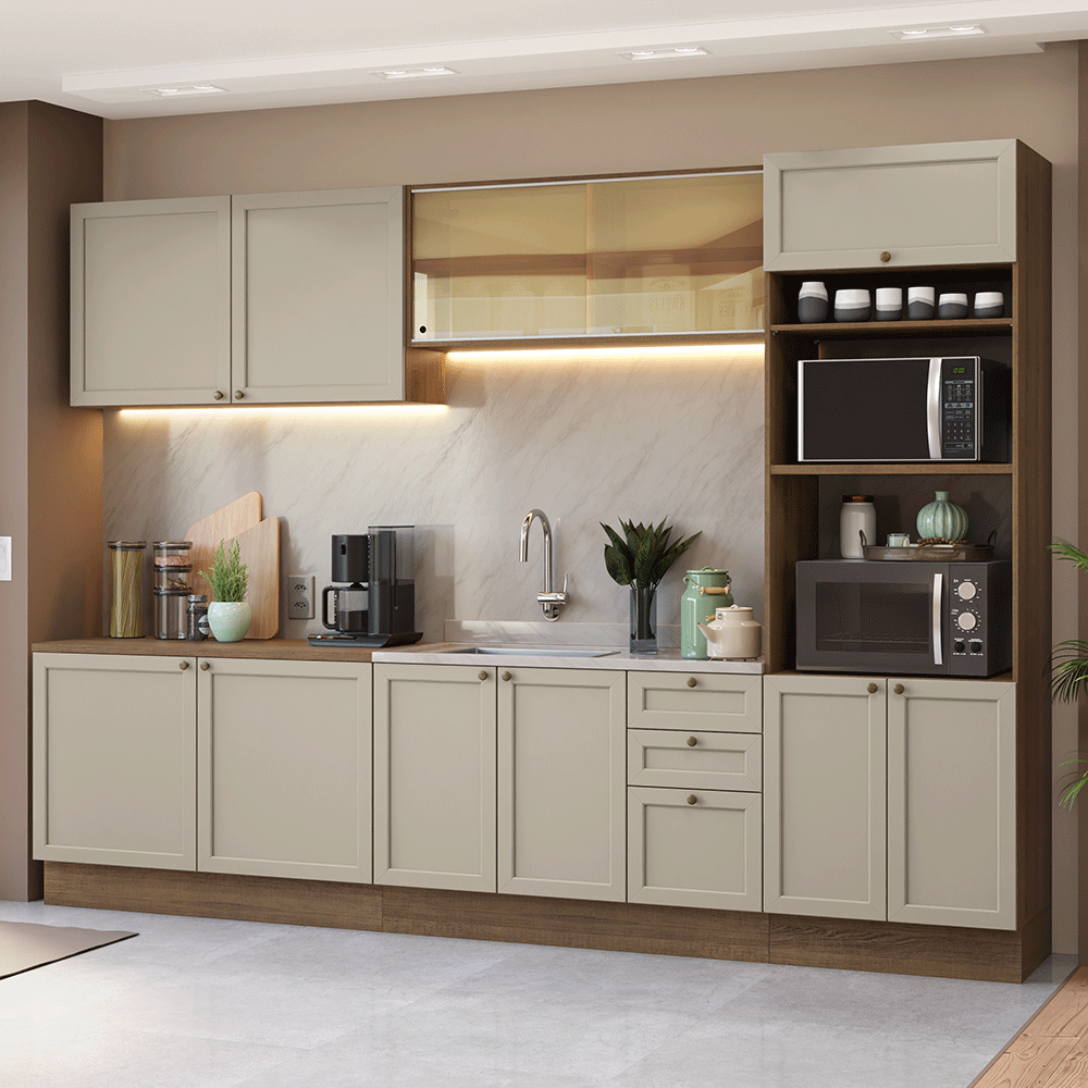 Combo completo de Cocina 310 cm 11 Puertas 3 Cajones Sin Mesada Marrón/Crema Vik Madesa