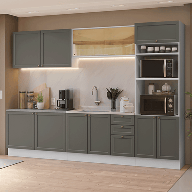 Combo completo de Cocina 310 cm 11 Puertas 3 Cajones Sin Mesada Blanco/Gris Vik Madesa