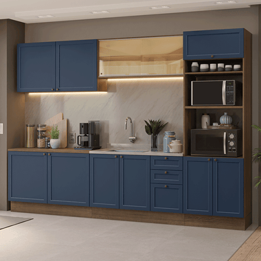Combo completo de Cocina 310 cm 11 Puertas 3 Cajones Sin Mesada Marrón/Azul Vik Madesa