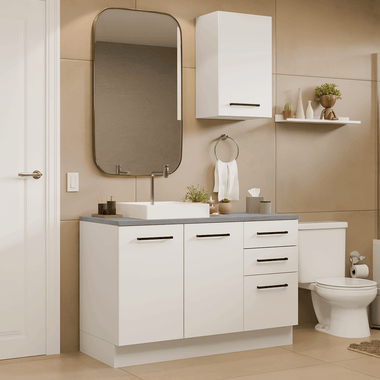 Kit Vanitory y Armario Alto 120 cm 3 Puertas 3 Cajones Blanco Agata Madesa
