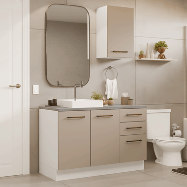 Kit Vanitory y Armario Alto 120 cm 3 Puertas 3 Cajones Blanco/Crema Agata Madesa