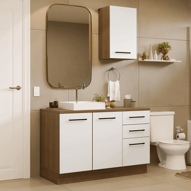 Kit Vanitory y Armario Alto 120 cm 3 Puertas 3 Cajones Marrón/Blanco Agata Madesa