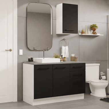 Kit Vanitory y Armario Alto 120 cm 3 Puertas 3 Cajones Blanco/Negro Agata Madesa