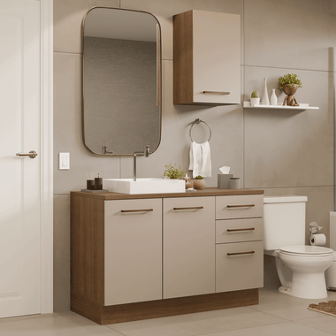 Kit Vanitory y Armario Alto 120 cm 3 Puertas 3 Cajones Marrón/Crema Agata Madesa