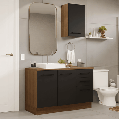 Kit Vanitory y Armario Alto 120 cm 3 Puertas 3 Cajones Marrón/Negro Agata Madesa