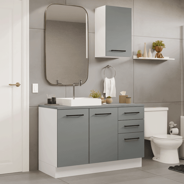 Kit Vanitory y Armario Alto 120 cm 3 Puertas 3 Cajones Blanco/Gris Agata Madesa