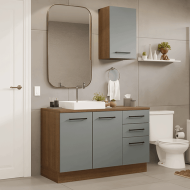 Kit Vanitory y Armario Alto 120 cm 3 Puertas 3 Cajones Marrón/Gris Agata Madesa
