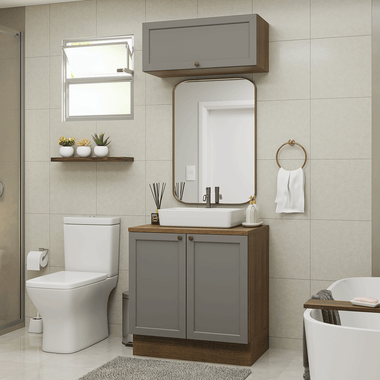 Kit Vanitory y Armario Alto 80 cm 3 Puertas Marrón/Gris Vik Madesa