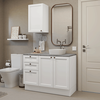 Kit Vanitory y Armario Alto 110 cm 3 Puertas 3 Cajones Blanco Vik Madesa