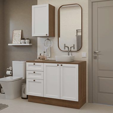 Kit Vanitory y Armario Alto 110 cm 3 Puertas 3 Cajones Marrón/Blanco Vik Madesa