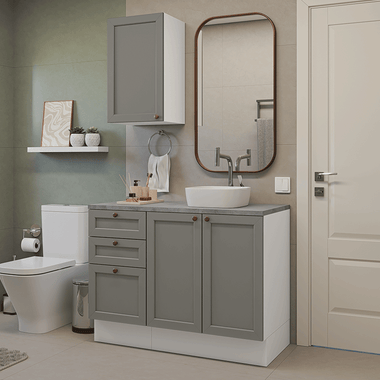 Kit Vanitory y Armario Alto 110 cm 3 Puertas 3 Cajones Blanco/Gris Vik Madesa